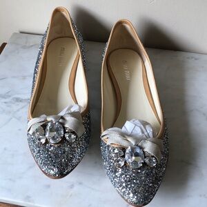 Miu Miu Silver Glitter Crystal Bow Pointed Flats